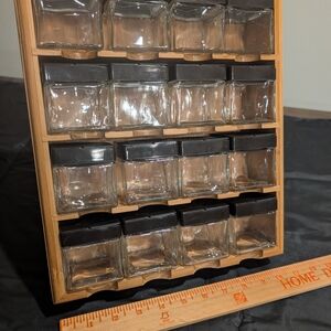 Wooden Spice Rack with 15 Glass Jars and Black Lids